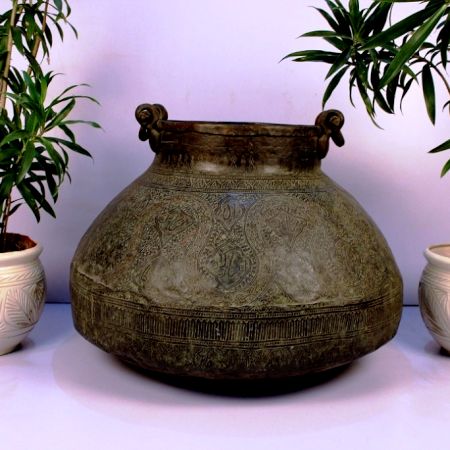 Carved Flower Vintage Copper Planter With Ring Handles