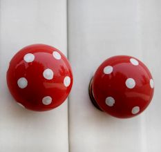 Red White Polka Ceramic Flat Drawer Knob