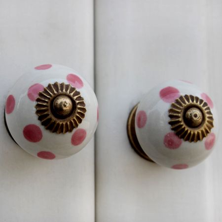 White Pink Dot Ceramic Drawer Knob