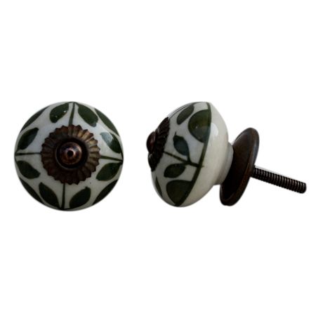 Old Green Floral Ceramic Knob