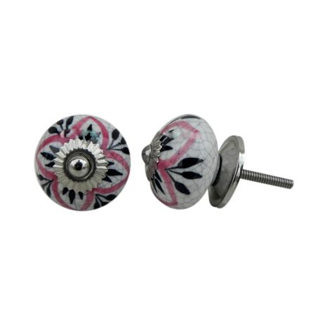 Black Pink Floral Crackle Ceramic Dresser Knob