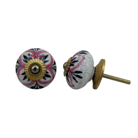 Black Pink Floral Crackle Ceramic Dresser Knob