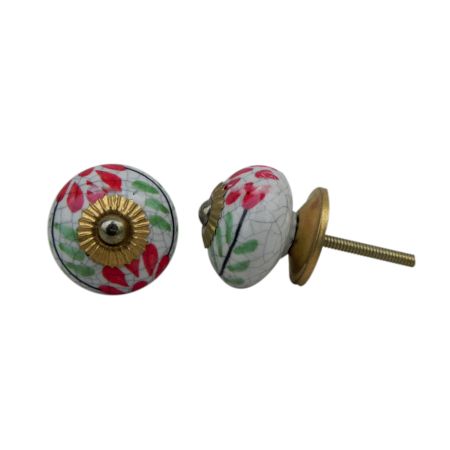 White Red Floral Crackle Ceramic Cabinet Knob