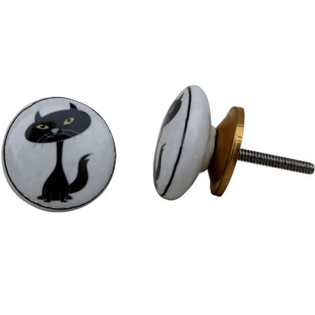 Black Cat White Ceramic Knob