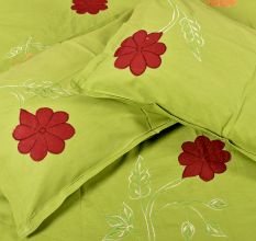 Green Handmade Bed Sheet Linen with Red & Orange Floral Design Beautiful Decorative Stylish