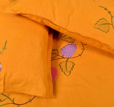 Orange Handmade Bed Sheet Linen with Pink & Purple Floral Design Beautiful Decorative Stylish