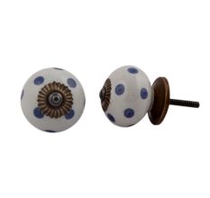 White Royal Blue Polka Dot Ceramic Drawer Knob