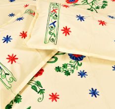 Cream Handmade Double Bed Sheet Linen with Multicolor Floral Design Beautiful Decorative Stylish