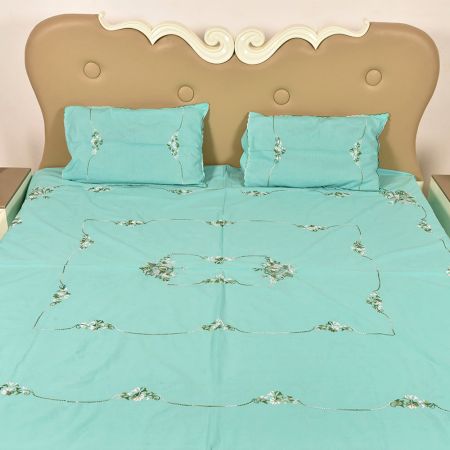 Blue Handmade Double Bed Sheet Linen with Floral Design Beautiful Decorative Stylish