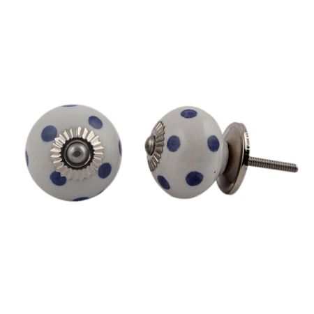 White Royal Blue Polka Dot Ceramic Drawer Knob