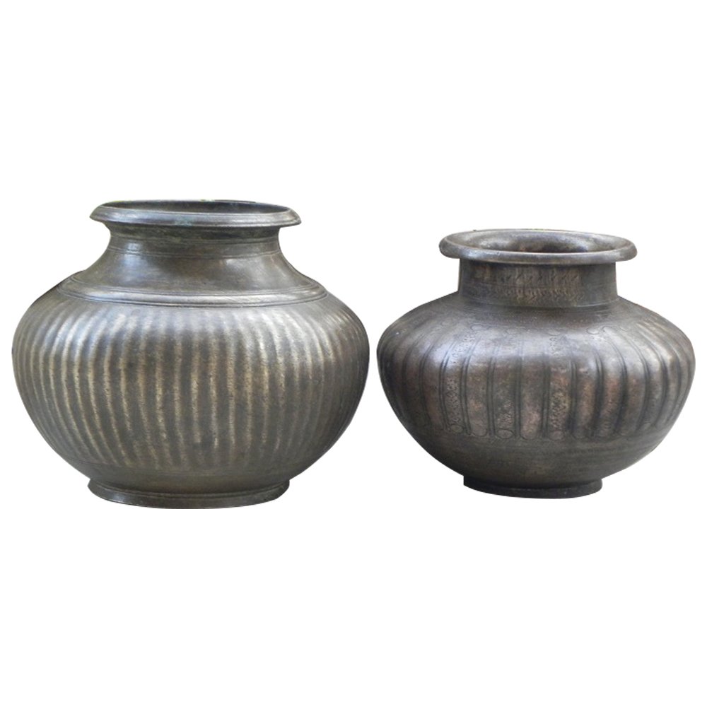 Traditional Bronze Water Pots Ribbed Design In Set of 2