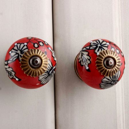 Red Leaf Floral Ceramic Knob