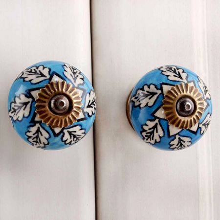 Turquoise Leaf Floral Ceramic Knob