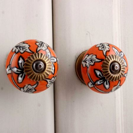Orange Leaf Floral Ceramic Knob