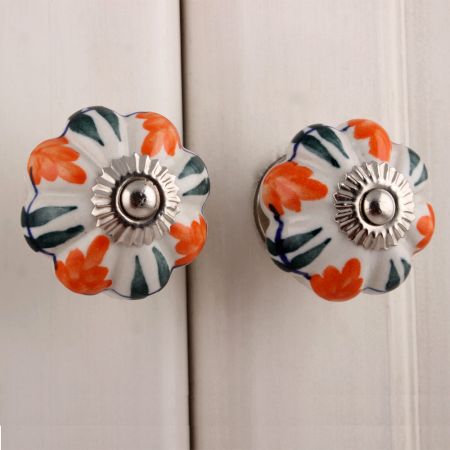 White Orange Floral Black Knob