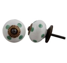 White Green Polka Dot Ceramic Cabinet Knob