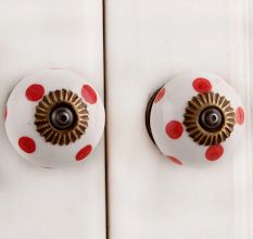 White Red Polka Dotted Ceramic Dresser Knob