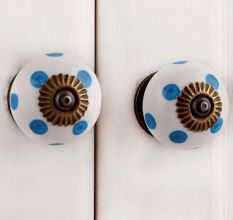 White Blue Polka Dots Ceramic Drawer Knob