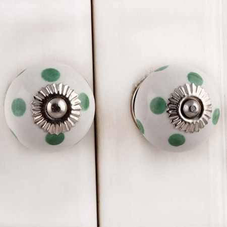 White Green Polka Dot Ceramic Cabinet Knob
