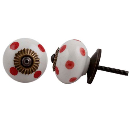 White Red Polka Dotted Ceramic Dresser Knob