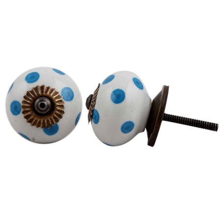 White Blue Polka Dots Ceramic Drawer Knob