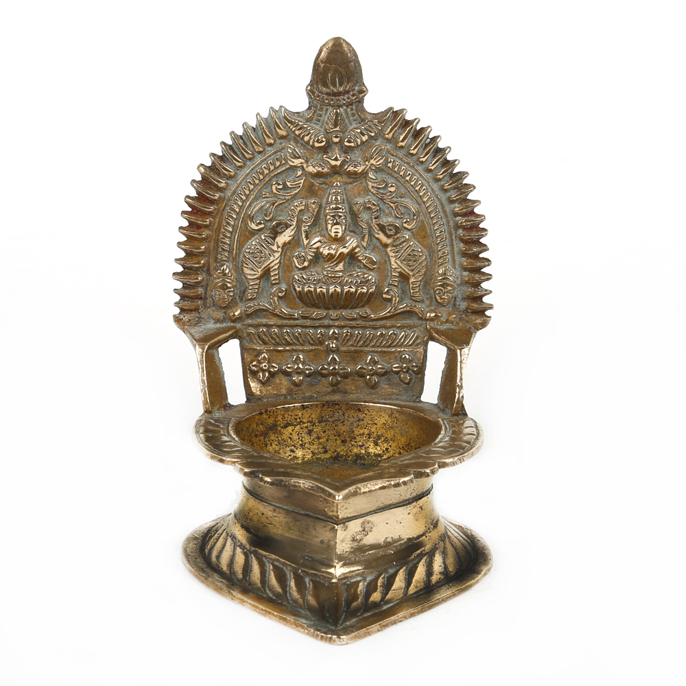 Auspicious temple oil lamp with lakshmi in bronze