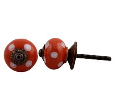 Orange White Polka Small Ceramic Cabinet Knob