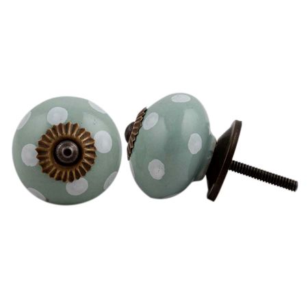 Sage Green White Dot Ceramic Dresser Knob