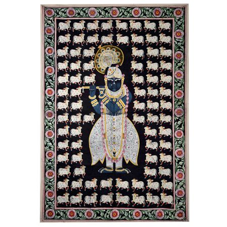 Black Background With Cows Srinathji Painting.