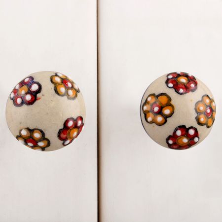 Red Orange White Floral Ceramic Bulb Knob