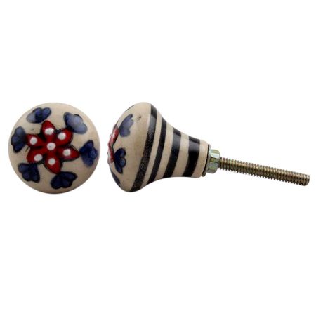 Red Dotted White Floral Ceramic Bulb Knob