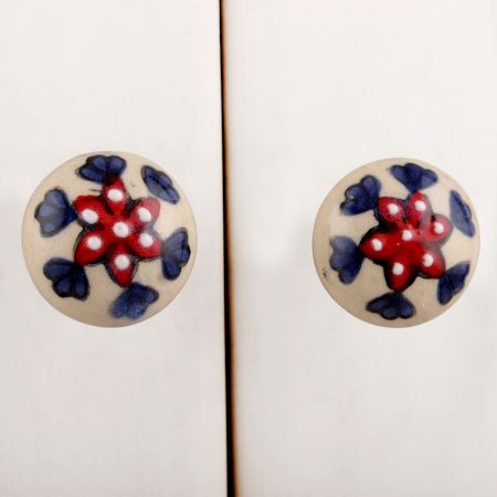 Red Dotted White Floral Ceramic Bulb Knob