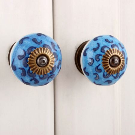 Turquoise Blue Floral Ceramic Knob