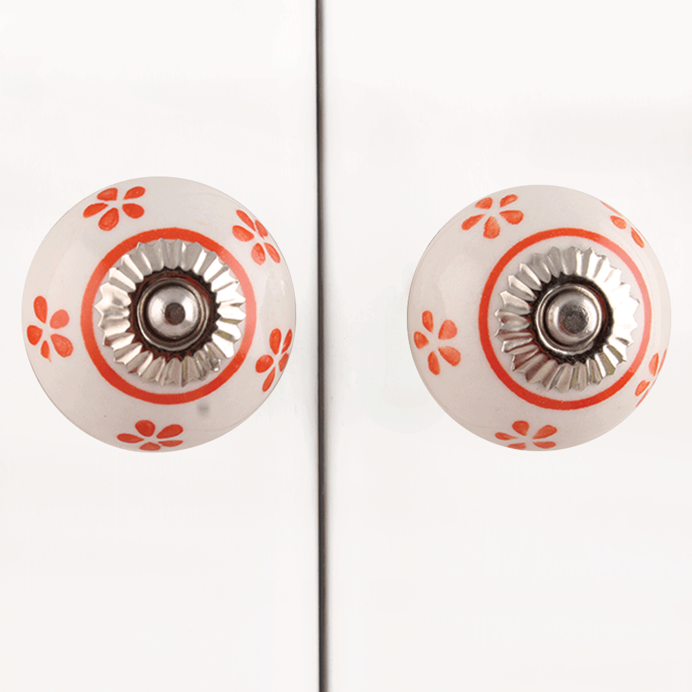 White Orange Floral Ceramic Knob