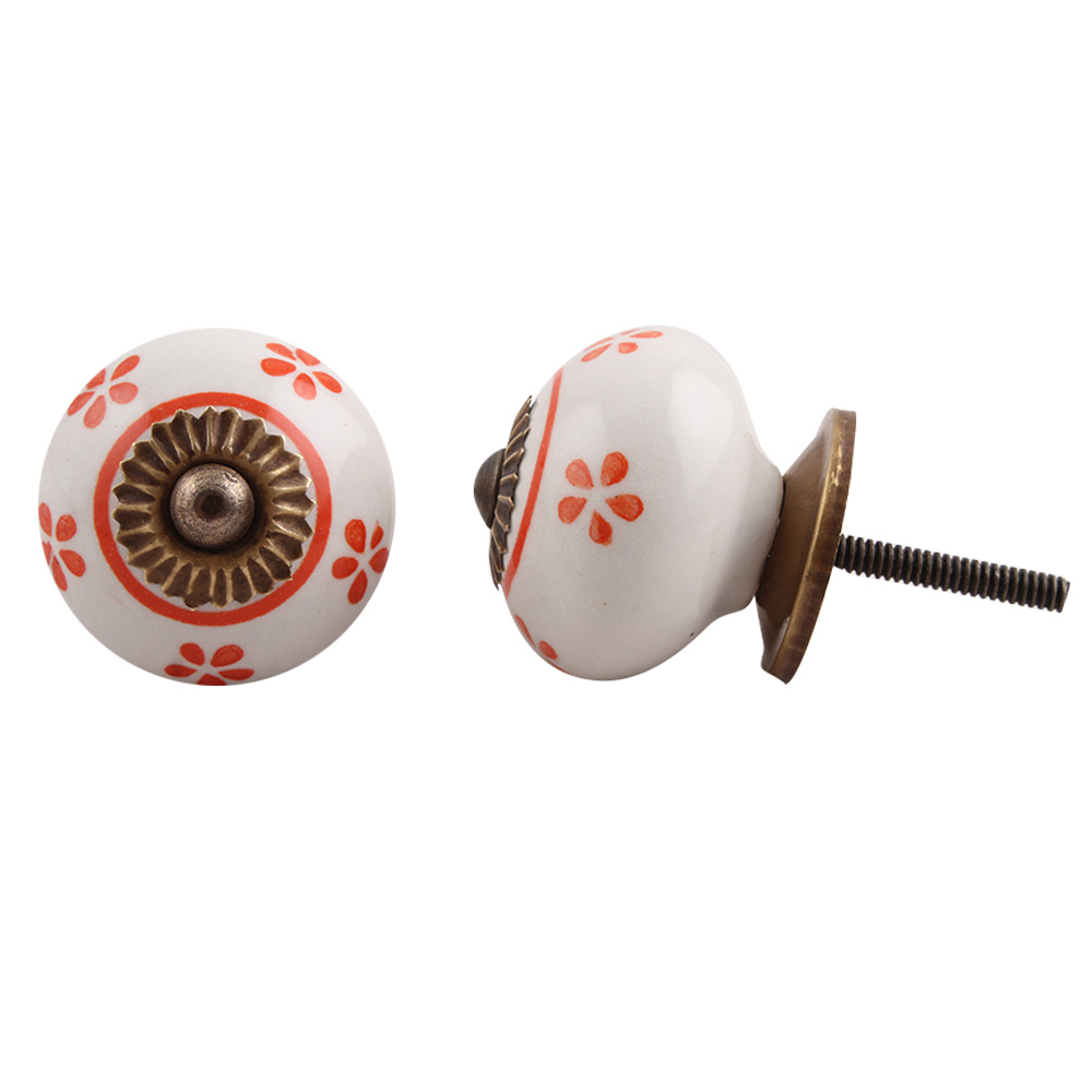 White Orange Floral Ceramic Knob