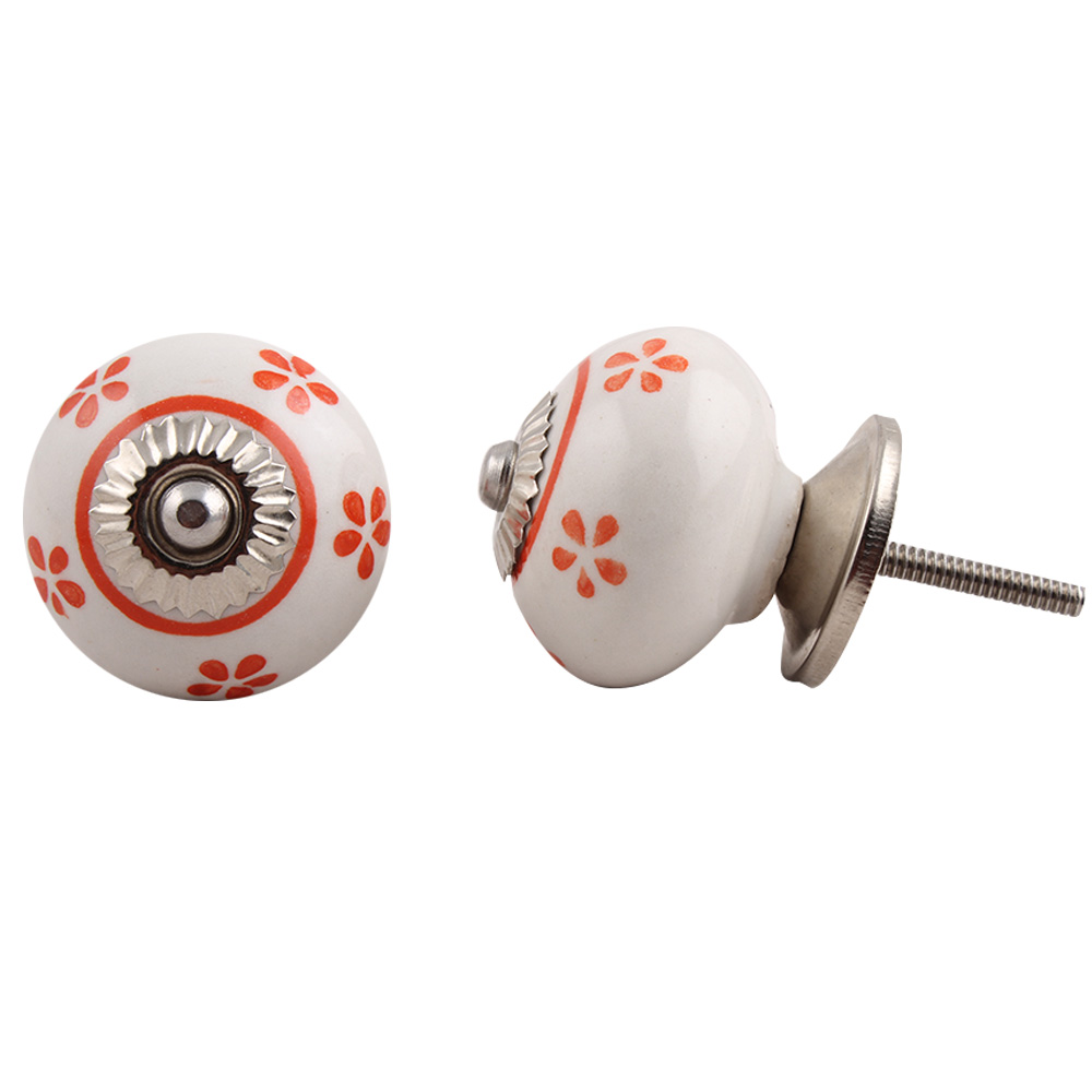 White Orange Floral Ceramic Knob