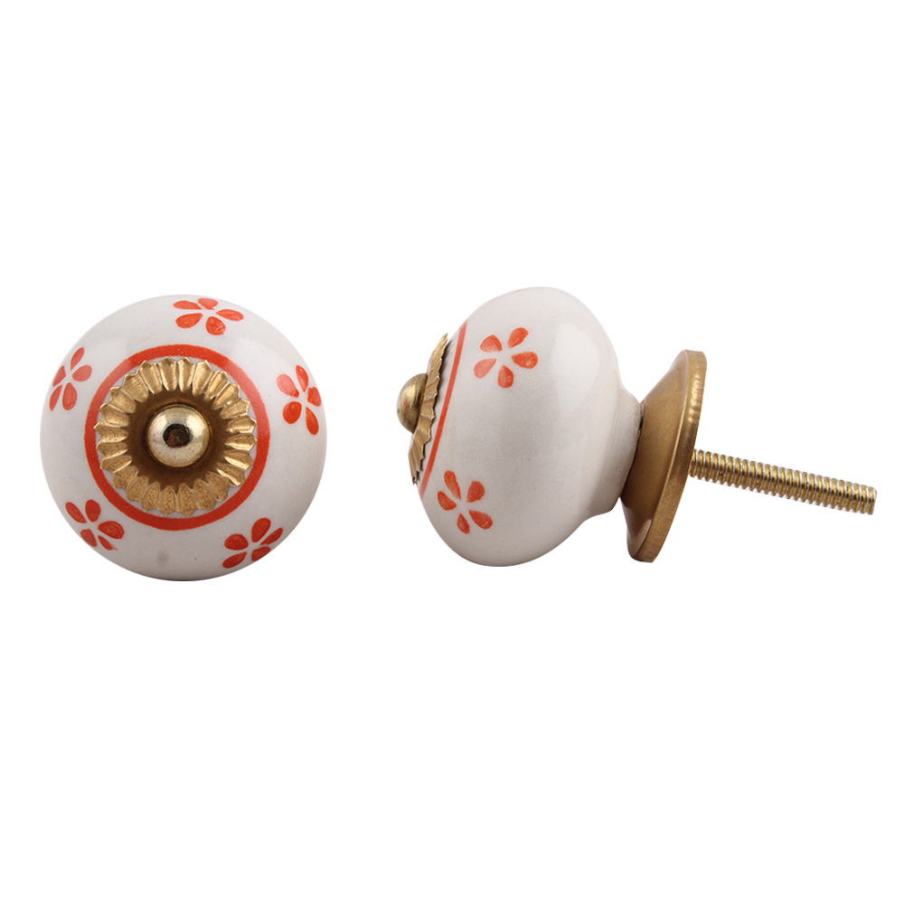 White Orange Floral Ceramic Knob