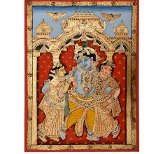 Tanjore painting of Lord Krishna along with Rukmani and Bama