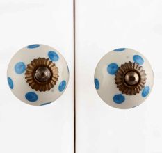 Cream Blue Polka Ceramic Handmade Knob