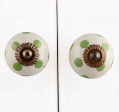 Cream Green Polka Ceramic Drawer Knob