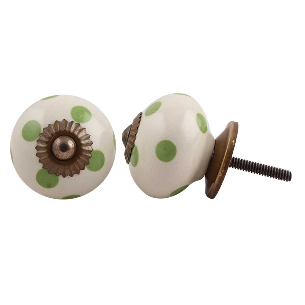 Cream Green Polka Ceramic Drawer Knob