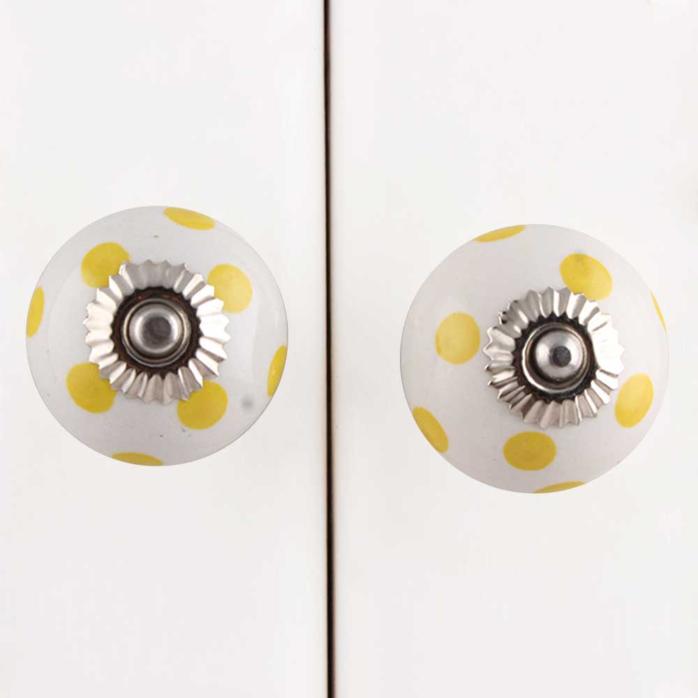 White Yellow Polka Ceramic Furniture Knob