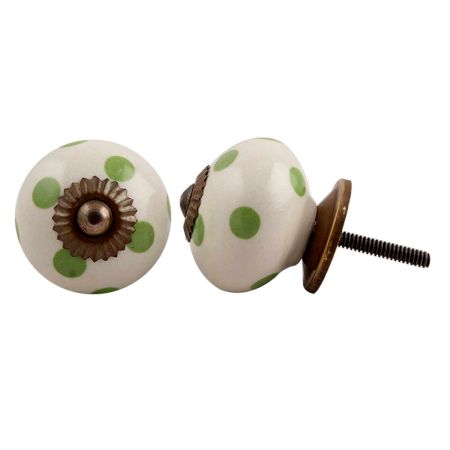 Cream Green Polka Ceramic Drawer Knob