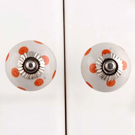 White Orange Polka Ceramic Wardrobe Knob