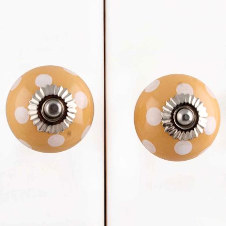 Mustard White Polka Ceramic Almirah Knob
