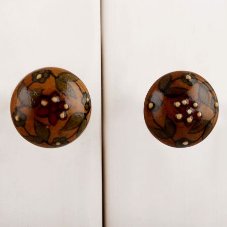Brown Green Floral Leaf Bulb Ceramic Knob