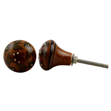 Brown Green Floral Leaf Bulb Ceramic Knob