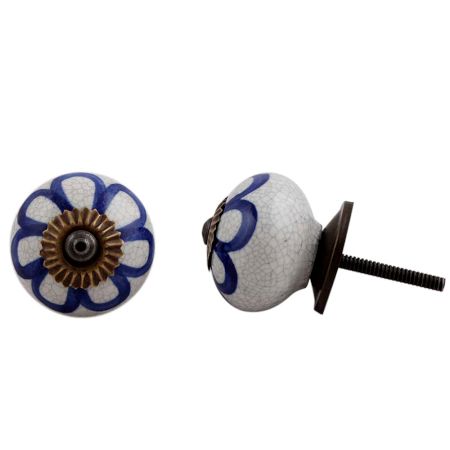 Navy Blue Floral Crackle Ceramic Drawer Knob