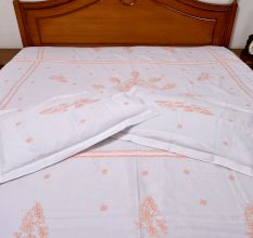 White & Peach Embroidered Bedsheet