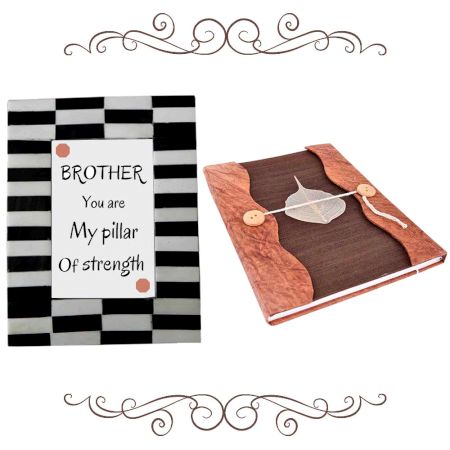 Black & White Striped Photoframe With Brown Diary (Combo Pack)